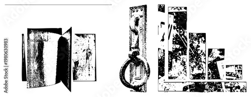 Antique style door knocker featuring ring handle and detailed relief carving, classic hardware, historical door fixture, rustic metalwork, architectural detail.