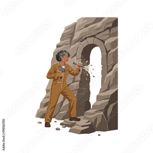 Man in jumpsuit using jackhammer to break through stone wall with archway