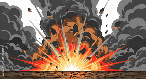 Fiery explosion with flying rocks amidst billowing dark smoke
