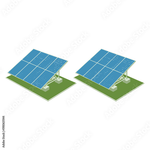 Isometric solar panel farm, dual photovoltaic arrays on ground, renewable energy concept, eco power station illustration, sustainable technology vector design