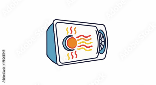 Cartoonish illustration of a portable heater with radiating heat symbols