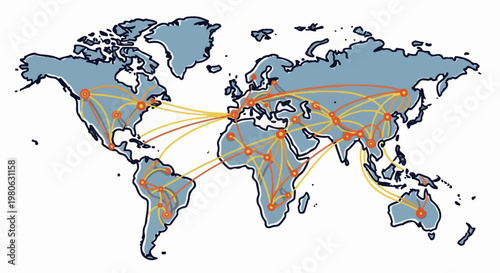 World map with interconnected global network of connections