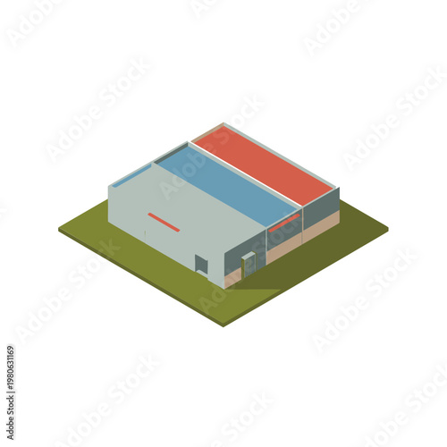 Isometric warehouse building, logistics storage facility illustration, industrial park icon, distribution center planning graphic, real estate development vector design