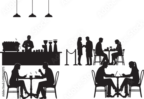 Black silhouettes of people sitting at tables in a cafe