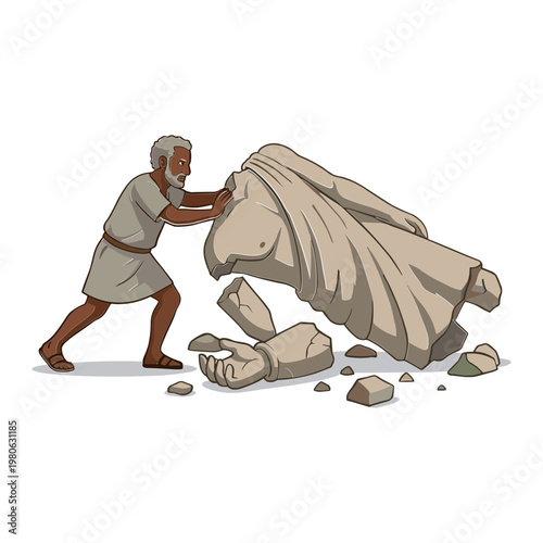 An elderly man struggles to move a large broken statue.