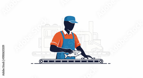Worker processes fish on a conveyor belt in a food production facility