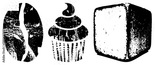 Distressed coffee bean, frosted cupcake, layered cake slice all rendered in gritty halftone style, ideal for café branding or vintage dessert graphics.