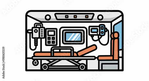 Interior of an ambulance with medical equipment and a stretcher