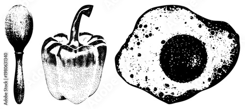 Classic kitchen utensil, bell pepper vegetable, avocado fruit slice, halftone illustration, black and white vector graphic, culinary, food art.