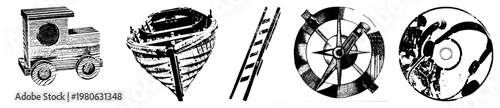 Hand drawn vector toy train with wheels, wooden boat hull, diagonal ladder, compass rose, and abstract mechanical gear. Black and white art, isolated elements, stylized design.