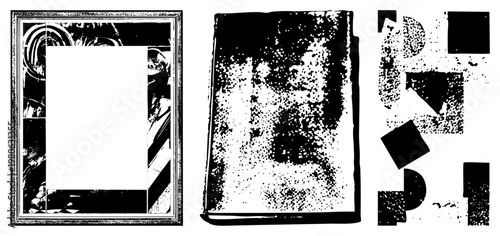 Vector graphic featuring fragmented geometric shapes, halftone dot, and stark contrast, ideal for modern graphic design or layouts.