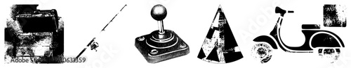 Retro gaming joystick, fishing rod with reel, party hat with stripes, scooter with box, wooden crate, all in halftone vector style, isolated graphic elements.