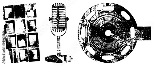 Retro microphone, film reel, and fragmented frames with gritty, worn textures, vector art, vintage equipment, nostalgia.