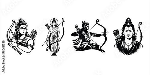 Black and white illustration of Lord Rama icon set for Ram Navami festival, traditional Hindu religious vector design