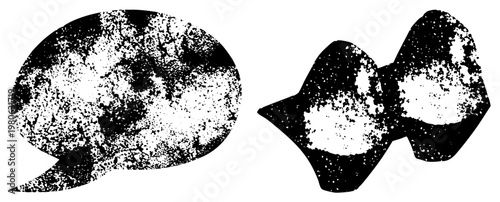 Distressed black and white vector, speech bubble and bow, halftone speckle texture, graphic design elements, isolated foreground, digital illustration.