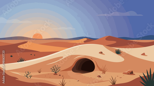 Dark cave entrance in middle of sandy desert landscape with mountains at sunset vector illustration