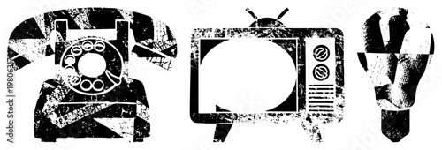 Retro rotary telephone, vintage set, classic lightbulb, all rendered in gritty halftone style, ideal for nostalgic tech design, communication symbols, analog era.