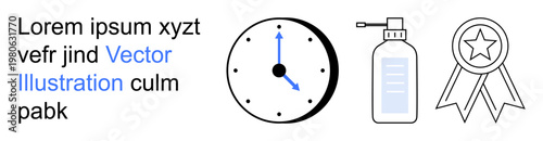 Time management, hygiene, productivity, success, organization, recognition. Clock, sanitizer bottle and award icon. Time management and hygiene practices