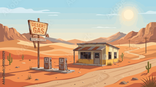 Abandoned desert gas station vector illustration with "Desert Gas" sign dilapidated building vintage pumps cacti
