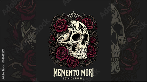 Memento Mori Gothic Skull Surrounded by Red Roses Artwork.