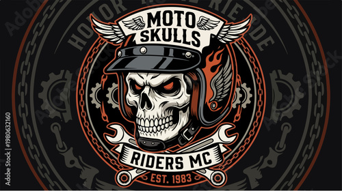 Moto Skulls Riders MC Emblem - A Bold Motorcycle Club Design.