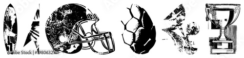 Classic athletic symbols with distressed textures surfboard, football helmet, soccer ball, dart, trophy stylized vector graphics for sports themes, retro designs, or game branding.