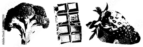Black and white halftone stylized food broccoli florets, segmented chocolate bar, textured strawberry with leaves. Clean vector art for design projects.