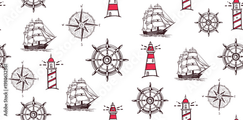 Old vintage sailboat, lighthouse, Wind rose, pattern hand drawn	
