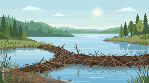 Large beaver dam constructed from branches and logs in a calm mountain lake landscape during a sunny day flat vector illustration