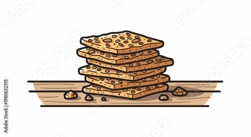Stack of square seeded crackers on wooden surface with crumbs