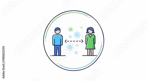 Two people maintain distance, surrounded by germ icons within a circle
