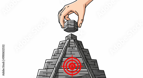 Hand placing final stone atop pyramid with target