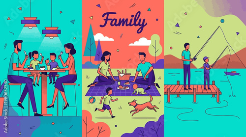 Family Activities Illustration Set Featuring Restaurant Dining, Outdoor Picnic, and Father and Son Fishing by the Lake