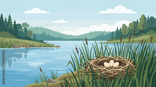 Three eggs in bird nest located in reeds at lake shore with forest and hills in background flat vector nature illustration