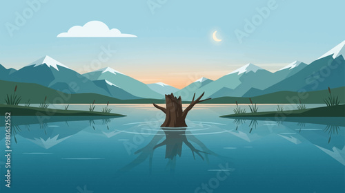 Old tree stump in middle of calm lake with reflection and snowy mountains in background at dusk flat vector landscape illustration
