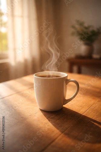 A steaming mug of coffee sits on a wooden table bathed in warm morning sunlight filtering through a window.