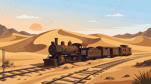 Rusty old steam train vector illustration on tracks traversing desert sand dunes under a clear sky sunset