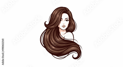 Stylized portrait of a woman with voluminous, flowing brown hair