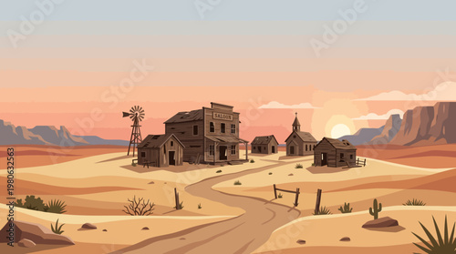 Old West desert town vector illustration with saloon church windmill dirt road sunset over mountains