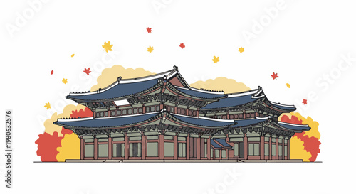 Stylized illustration of a traditional East Asian palace with falling autumn leaves
