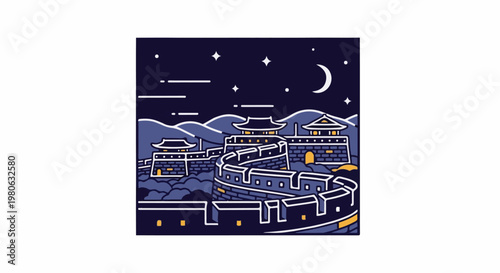 Stylized night view of an ancient wall with towers under a starry sky