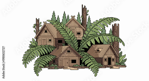 Rustic wooden cabins nestled among lush ferns and tall trees