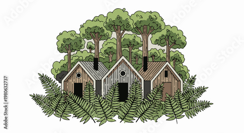 Rustic cabins nestled amidst lush forest foliage and ferns