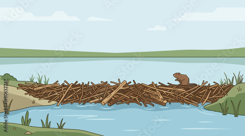Beaver sitting on top of its wooden lodge dam in a serene mountain river landscape flat vector illustration for educational media