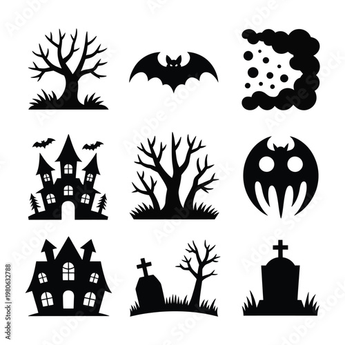 Spooky village silhouettes, haunted mansion, graveyard cross, bare tree, bat swarm, mist cloud, ghost face, eerie forest, Halloween night vector