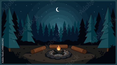 Cozy campfire vector illustration surrounded by logs in dark pine forest under tranquil starry night crescent moon.