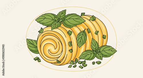 A swirl of yellow butter with green herbs and chopped chives