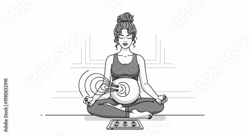 Pregnant woman in lotus position meditating, with ripples emanating from her belly