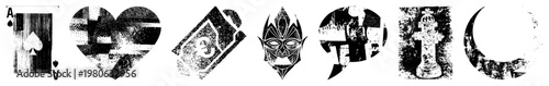 Ace of Spades, heart, three, tribal mask, chess piece, moon, stylized symbols, graphic, distressed texture, vintage design.