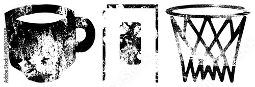 Distressed black and white vector coffee mug with grunge texture, vintage film strip, basketball hoop net. Retro, gritty, isolated design elements for creative projects.